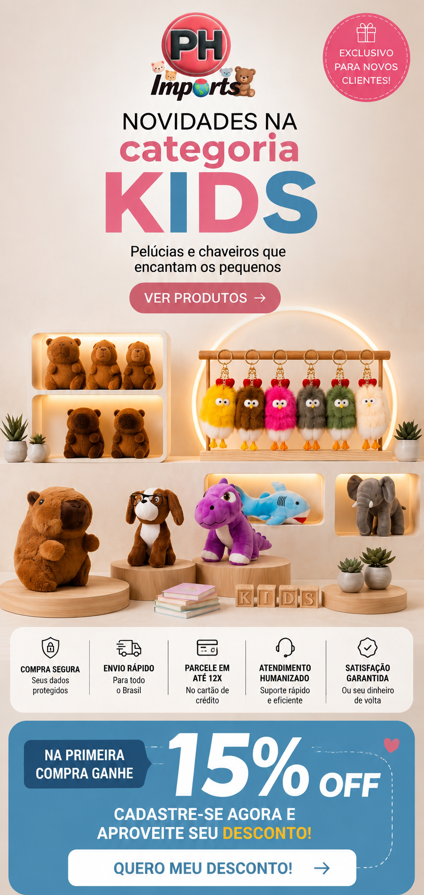 Novidades na categoria Kids — pelúcias e chaveiros